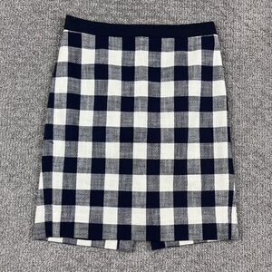J Crew Pencil Skirt Womens 2 Navy Blue White Gingham Plaid Lined Stretch Classic